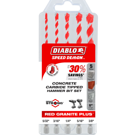 Diablo DMARG1220-S5 5 pc SPEEDemon™ Red Granite Carbide-Tipped Hammer Drill Bit Set (5-Piece) in Packaging