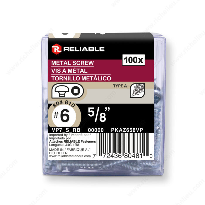 #6 by five eighths inch pan head zinc plated metal screws. 100 pieces per pack.