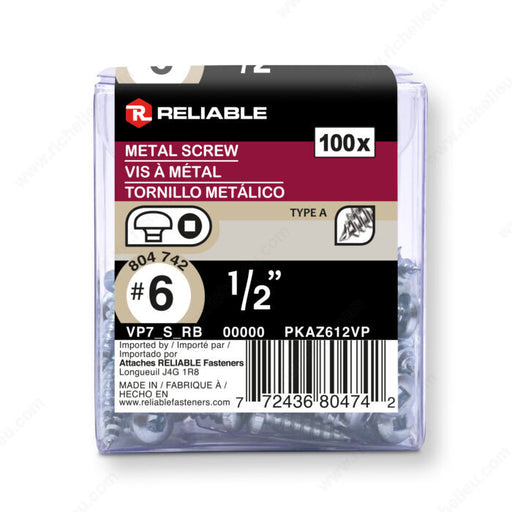 #6 by half inch pan head zinc plated metal screws. 100 pieces per pack.