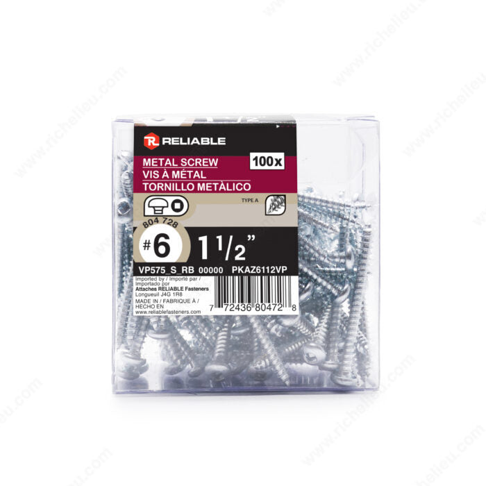 #6 by one and a half inch pan head zinc plated metal screws. 100 pieces per pack.