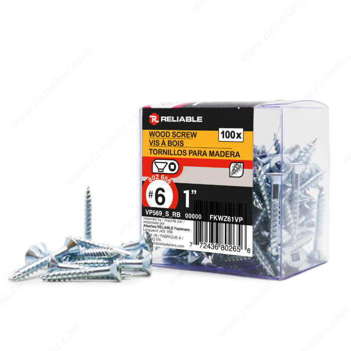 #6 by one inch flat head square drive zinc silver wood screws 100 pieces per pack.