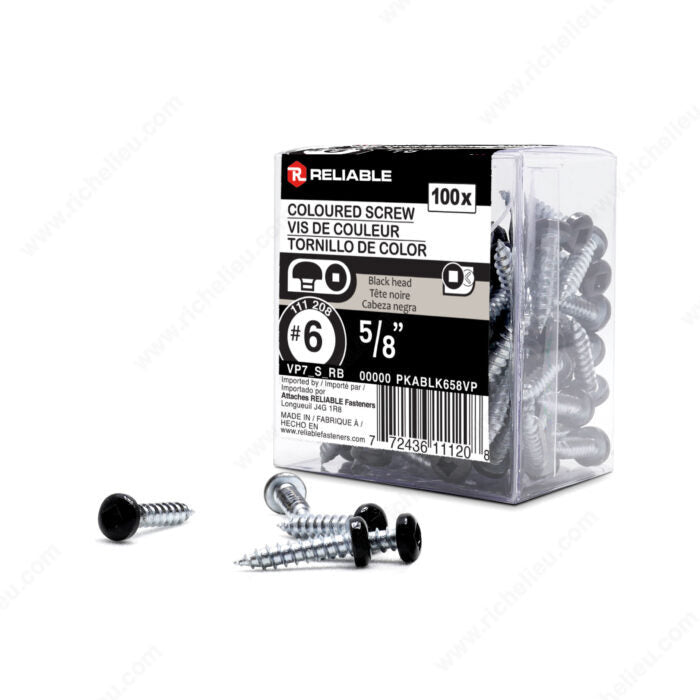 #6 by five eighths black pan head square drive zinc coated metal soffit screws. 100 screws per pack.