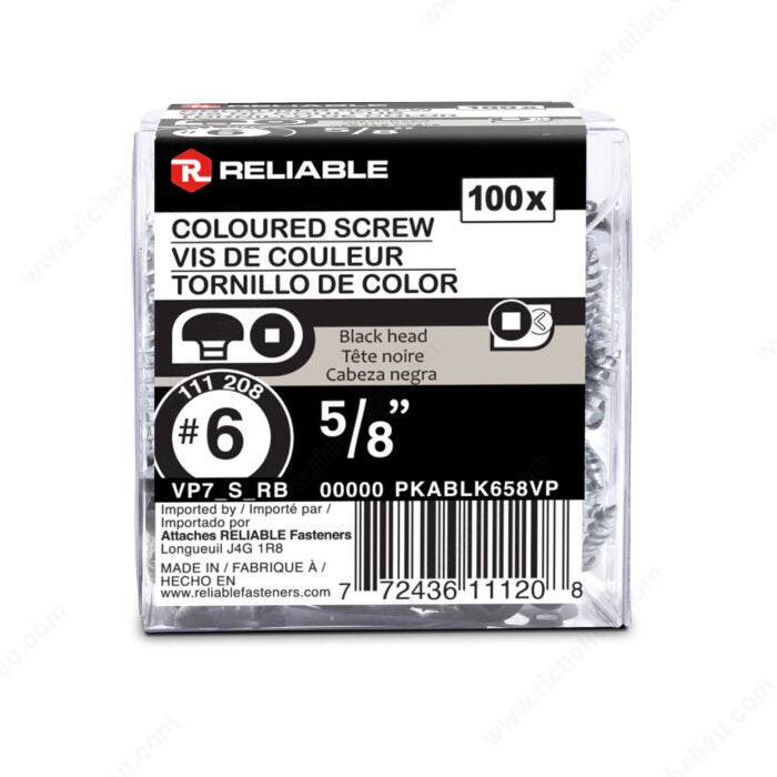 #6 by five eighths black pan head square drive zinc coated metal soffit screws. 100 screws per pack.