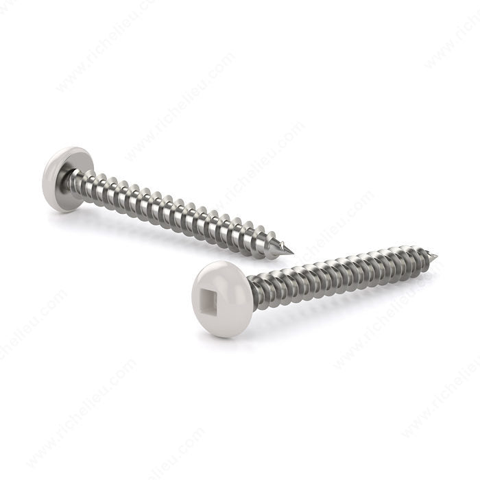 #6 by five eighths inch white pan head square drive metal soffit screws. 100 screws per pack.