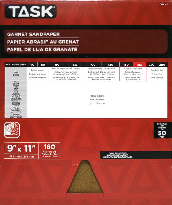 Task Tools GA11180 9 x 11 in. garnet sandpaper sheet, 180 grit