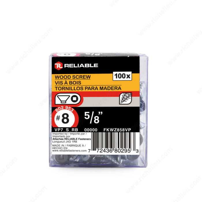 #8 by five eighths inch flat head square drive zinc silver wood screws 100 pieces per pack.