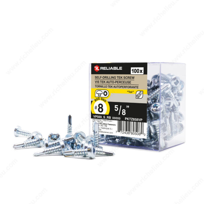 #8 by five eighths inch zinc plated pan head self drilling tek metal screws. 100 per box.