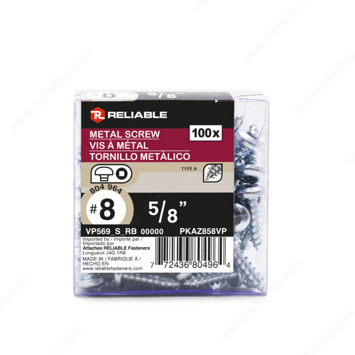 #8 by five eighths inch zinc coated square drive pan head metal screws. 100 pieces per pack.