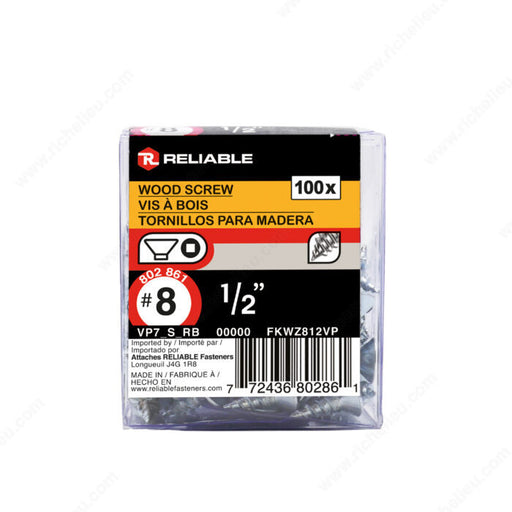 #8 by half inch flat head square drive zinc silver wood screws 100 pieces per pack.