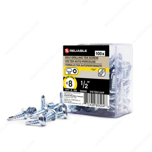 #8 by half inch zinc plated pan head self drilling tek metal screws. 100 per box.