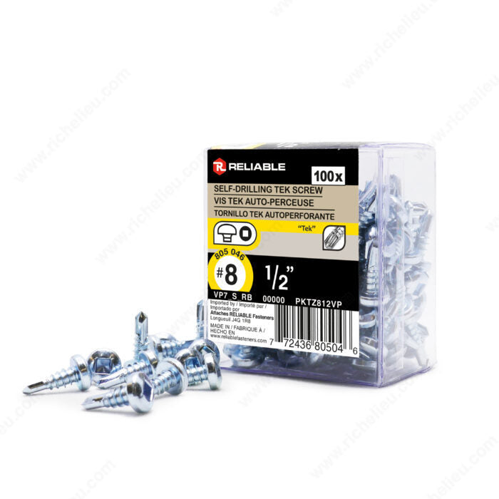 #8 by half inch zinc plated pan head self drilling tek metal screws. 100 per box.
