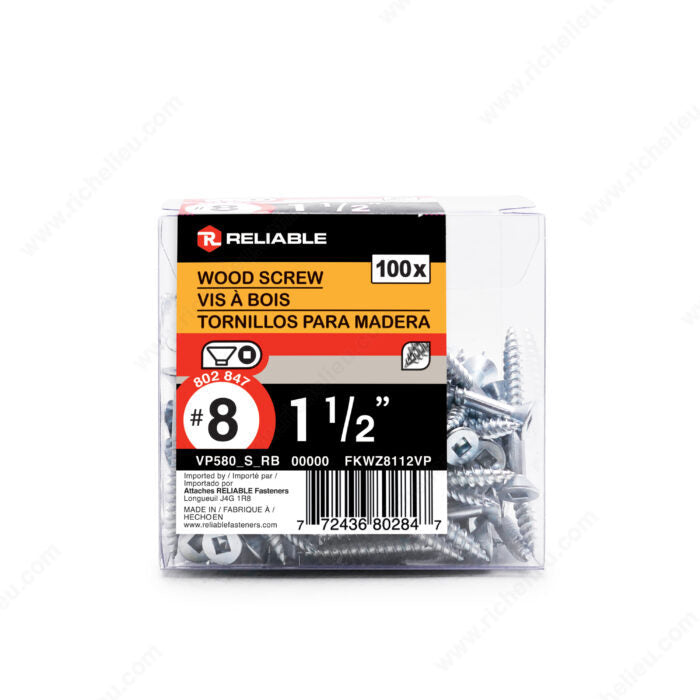 #8 by one and a half inch flat head square drive zinc silver wood screws 100 pieces per pack.