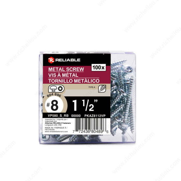 #8 by one and a half inch zinc coated square drive pan head metal screws. 100 pieces per pack.