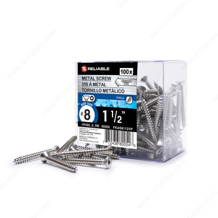 #8 by one and a half inch stainless steel flat head self tapping metal screws pack