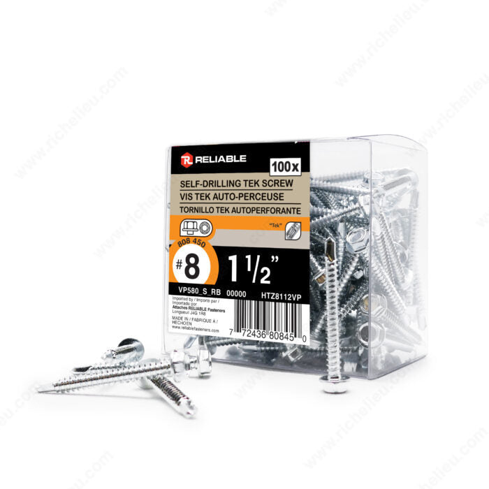 #8 by one and a quarter inch zinc plated hex head self drilling metal tek screws. pack of 100.