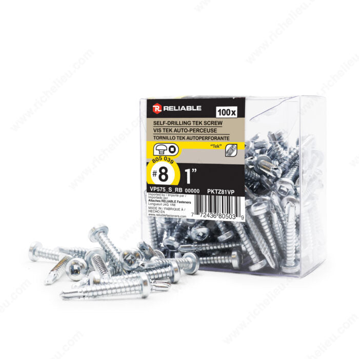 #8 by one inch zinc plated pan head self drilling tek metal screws. 100 per box.