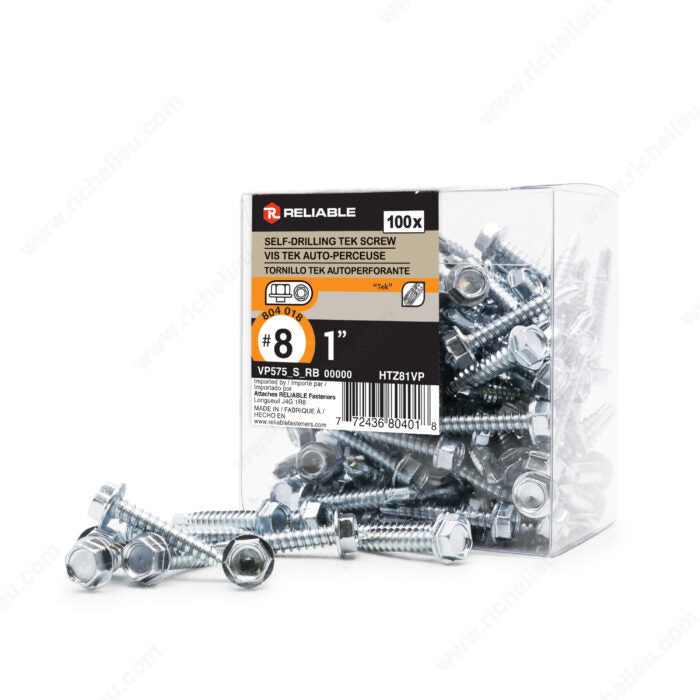 #8 by one inch zinc plated hex head self drilling metal tek screws. pack of 100.