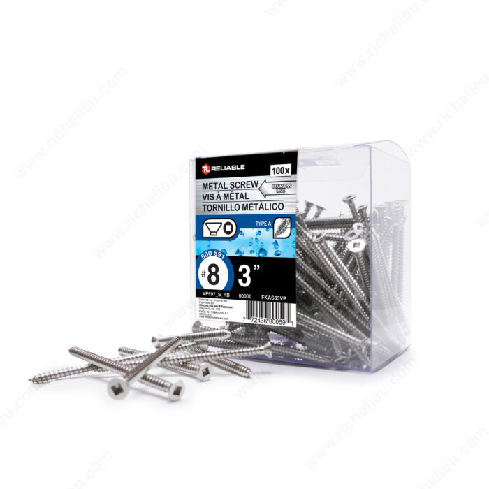 #8 by three inch stainless steel flat head self tapping metal screws pack
