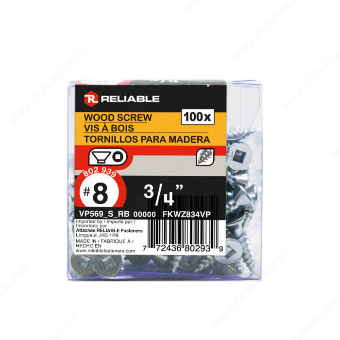 #8 by three quarter inch flat head square drive zinc silver wood screws 100 pieces per pack.