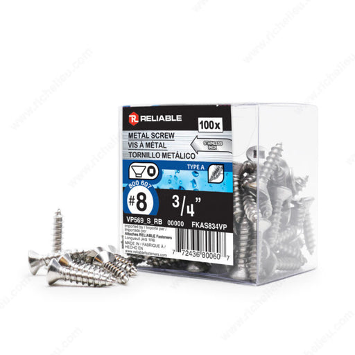 #8 by three quarter inch stainless steel flat head self tapping metal screws pack