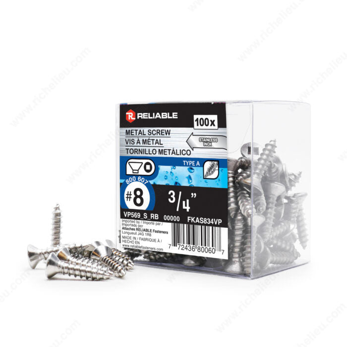 #8 by three quarter inch stainless steel flat head self tapping metal screws pack