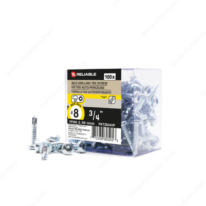 #8 by three quarter inch zinc plated pan head self drilling tek metal screws. 100 per box.