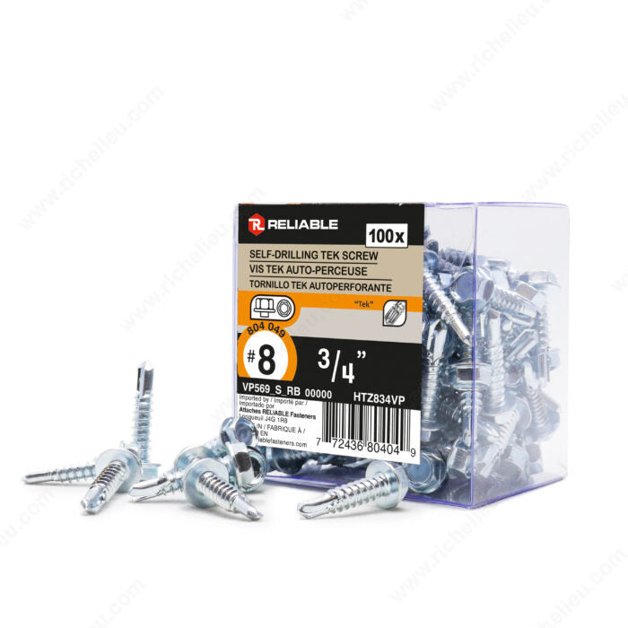 #8 by three quarter inch zinc plated hex head self drilling metal tek screws. pack of 100.