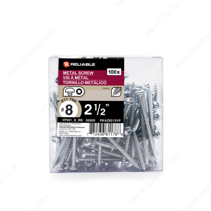 #8 by two and a half inch zinc coated square drive pan head metal screws. 100 pieces per pack.