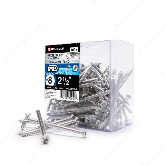 #8 by two and a half inch stainless steel flat head self tapping metal screws pack