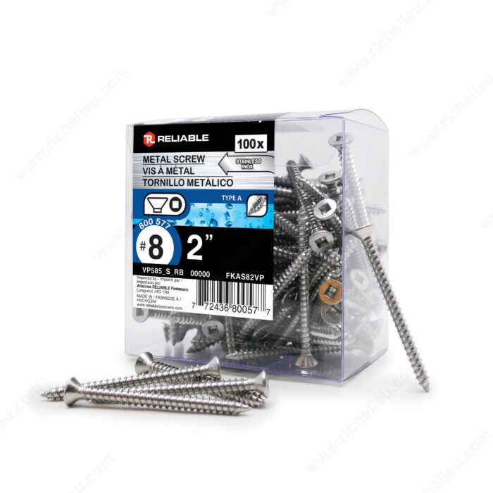 #8 by two inch stainless steel flat head self tapping metal screws pack
