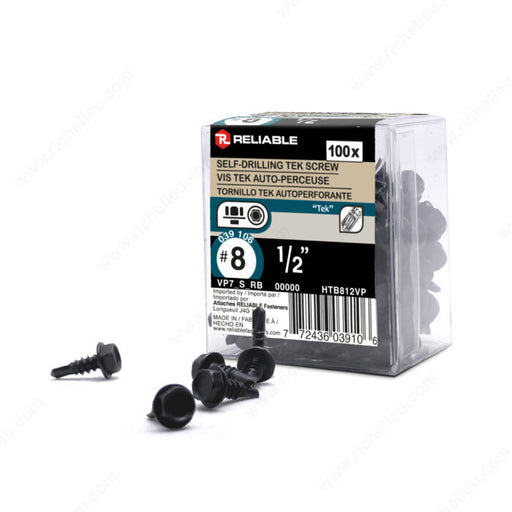 #8 x 1/2" Black Hex Head Self Drilling Tek Metal Screws 100/Pack