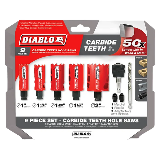 Diablo DHS09SGPCT 1" to 2" Carbide General Purpose Hole Saw Set for Wood/Metal Cutting (9 Pieces) in Packaging