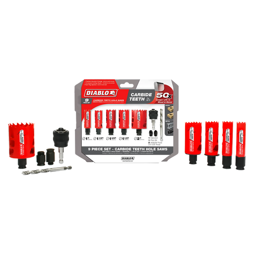 Diablo DHS09SGPCT 1" to 2" Carbide General Purpose Hole Saw Set for Wood/Metal Cutting (9 Pieces)
