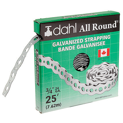 Dahl All Round Strapping 9047 galvanized steel, 3/4 in. x 25 ft, 24 gauge, shown in dispenser box