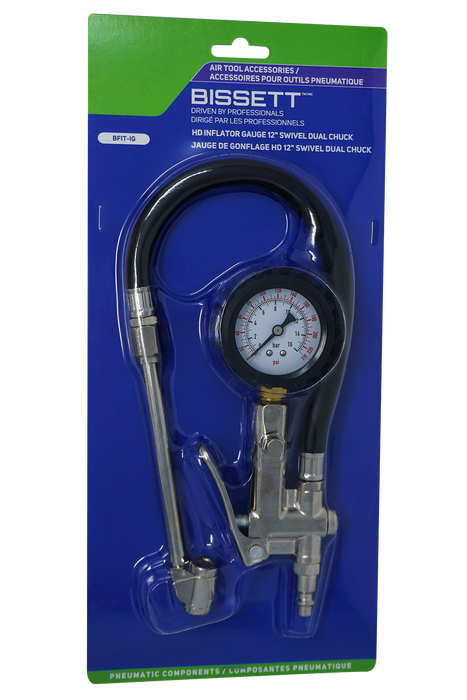 Bissett BFIT-IG Heavy-Duty Tire Inflator Gauge with 12" Swivel Dual Chuck