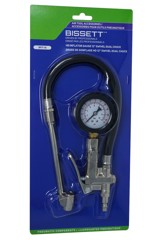 Bissett BFIT-IG Heavy-Duty Tire Inflator Gauge with 12" Swivel Dual Chuck