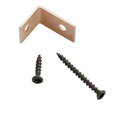 An L-shaped metal bracket with two pre-drilled holes, shown with two black wood screws on a plain white background.