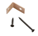 An L-shaped metal bracket with two pre-drilled holes, shown with two black wood screws on a plain white background.