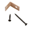 An L-shaped metal bracket with two pre-drilled holes, shown with two black wood screws on a plain white background.