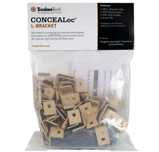 TimberTech Concealoc L-Bracket kit in a clear plastic bag with a branded white and black header card. The kit contains brass-colored metal bracket clips and white instruction sheets.