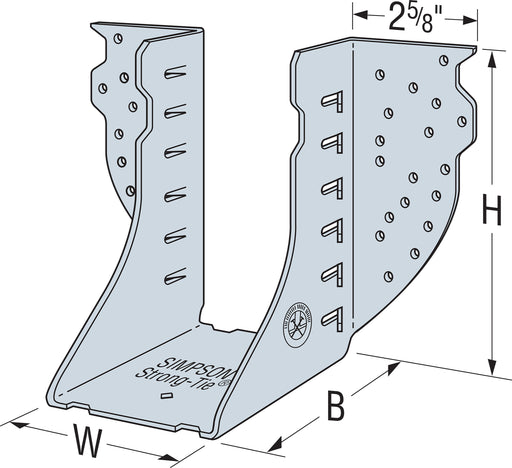 Simpson Strong-Tie heavy girder hanger with double-shear nailing, installed illustration
