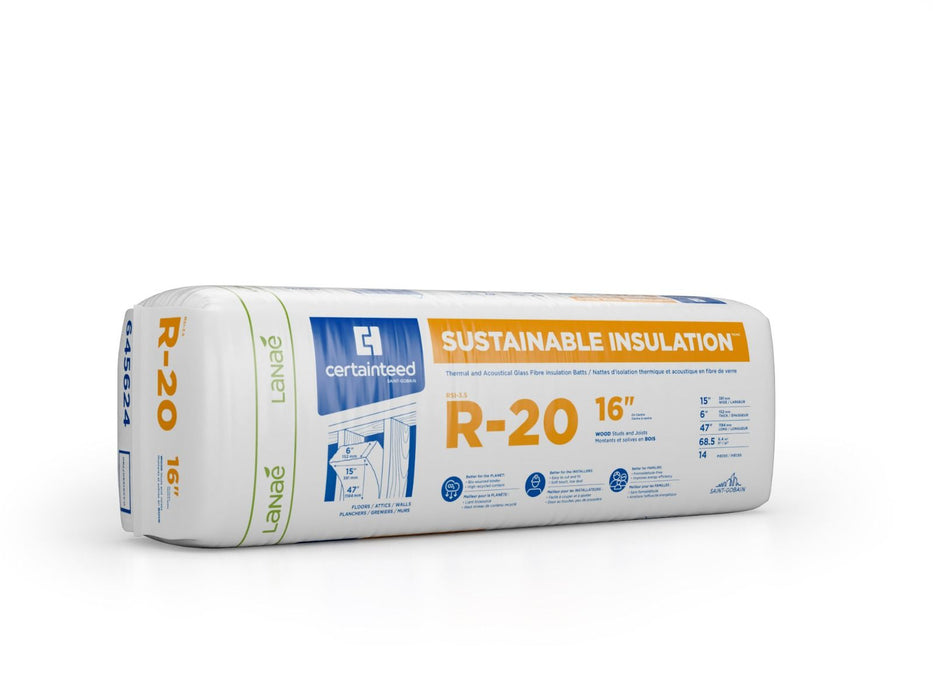 Certainteed fiberglass batt insulation for 2 by 6 wood framing with 15.25 inch spacing. Covers 68.5 square feet per bag.