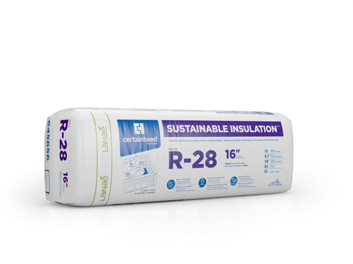 Certainteed fiberglass batt insulation R28 by 15 inch on center for 2 by 6 wood framing. 50 square feet coverage per bag.