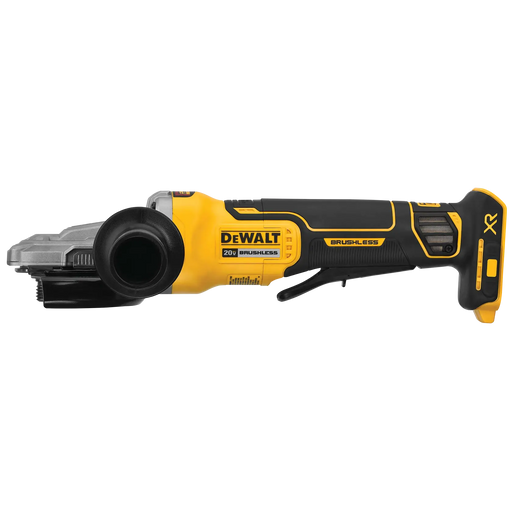 DeWalt DCG413FB 20V MAX XR 5 in. flathead paddle-switch angle grinder with Kickback Brake, tool only, on white background