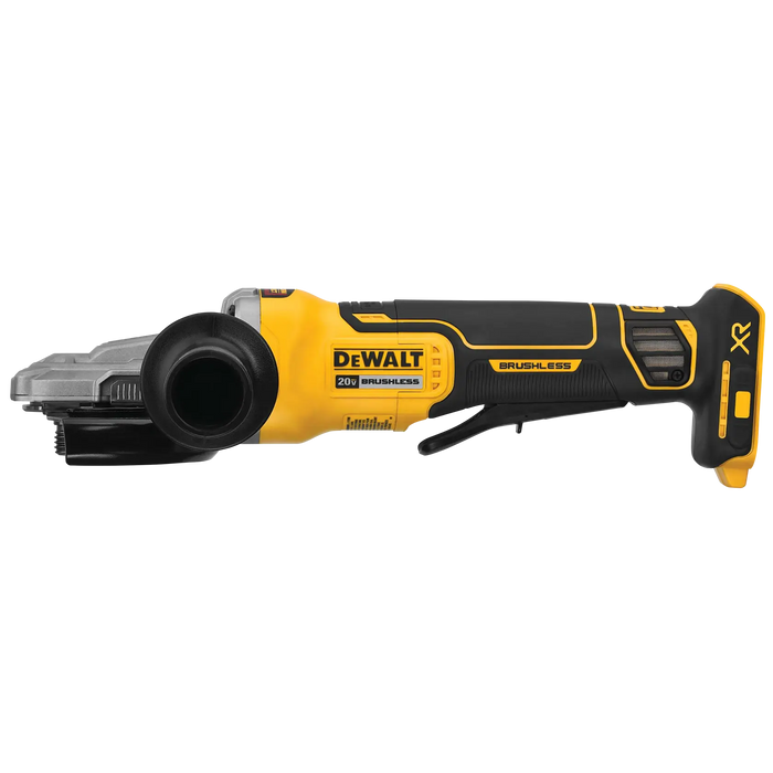 DeWalt DCG413FB 20V MAX XR 5 in. flathead paddle-switch angle grinder with Kickback Brake, tool only, on white background