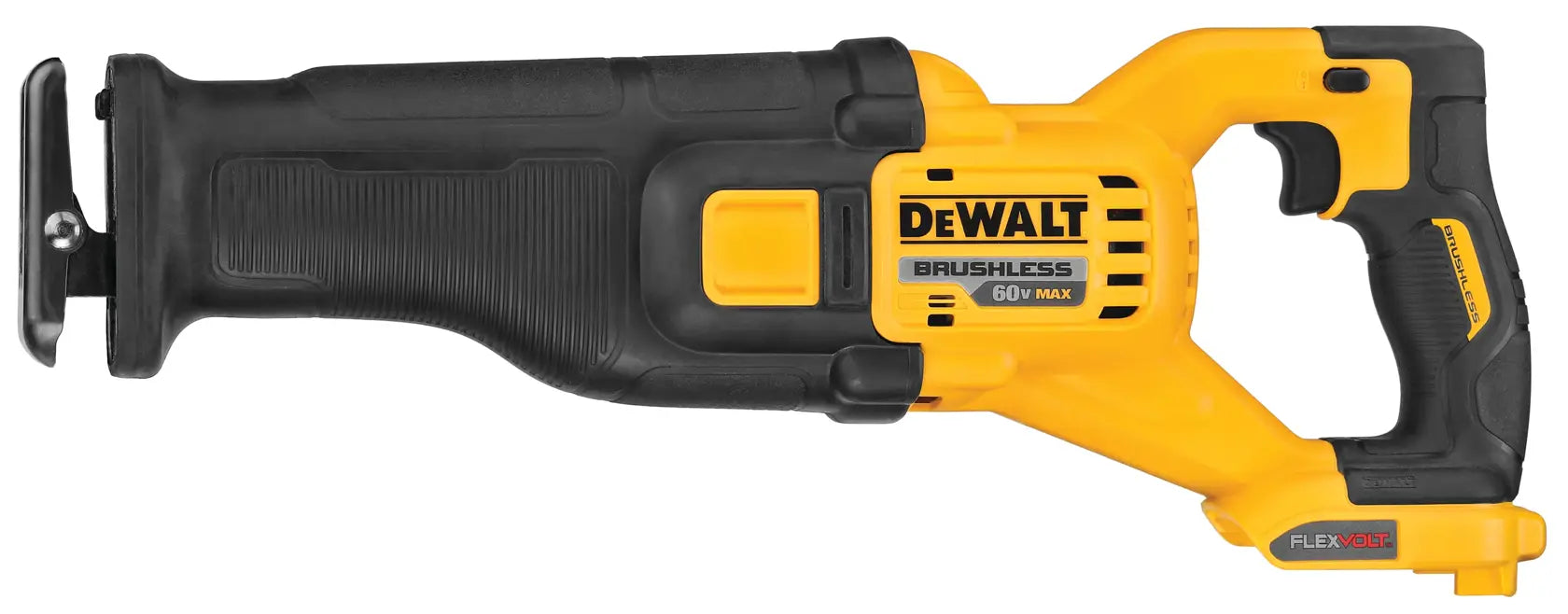 DeWalt DCS389B FLEXVOLT 60V MAX brushless reciprocating saw, tool only, on white background