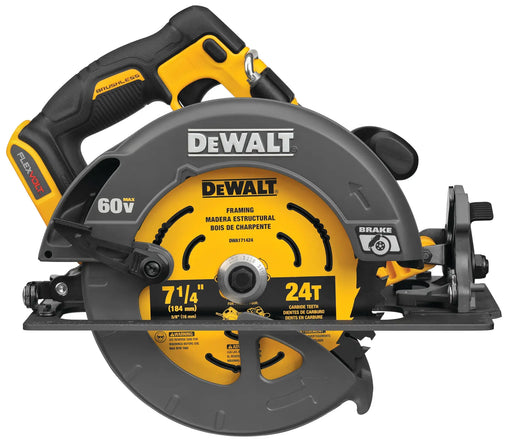 DeWalt DCS578B FLEXVOLT 60V MAX 7-1/4 in. circular saw with electric brake, tool only, on white background