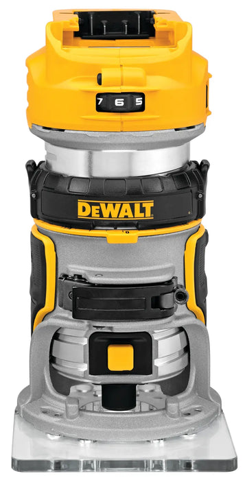 DeWalt DCW600B 20V MAX XR brushless cordless compact router, tool only, on white background