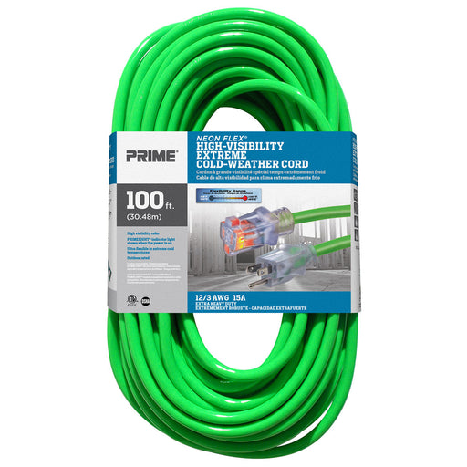 Prime Wire Neon Flex NS512835 100 ft. 12/3 SJTW green extension cord in package, lighted end