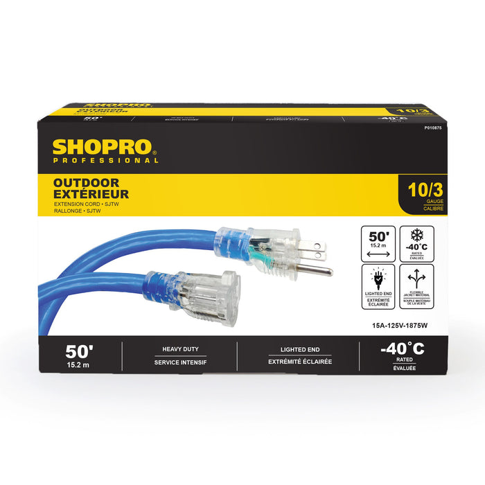 Shopro 10/3 SJTW 50 ft Extension Cord with Light Indicators, Blue